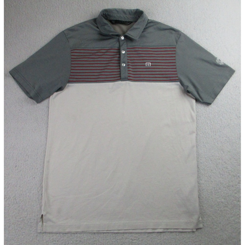 Travis Mathew Polo Shirt Mens Medium White Gray Short Sleeve Golf Active Red M